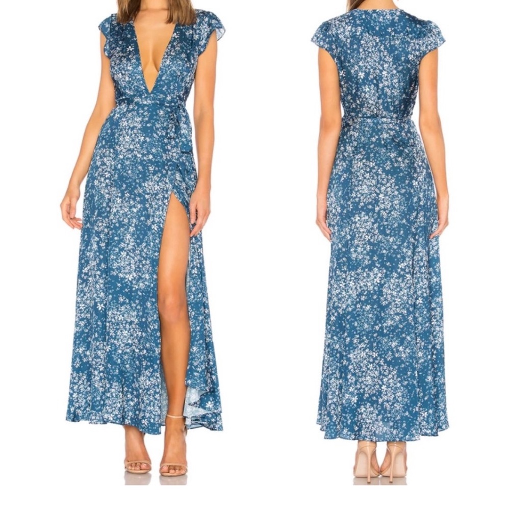 Tularosa Sid Wrap Dress Alison Floral Maxi Sz Large Blue Satin